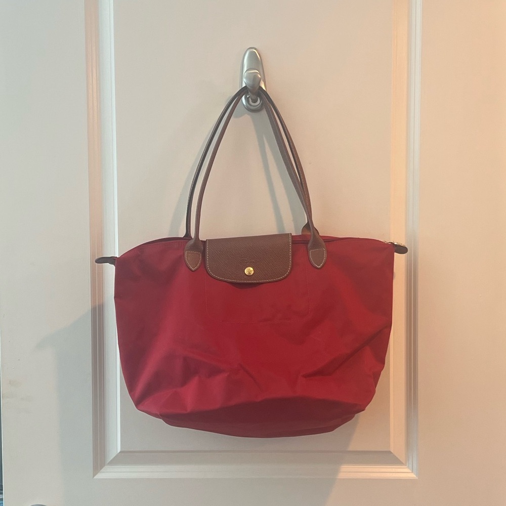 Longchamp Nylon Tote in Red with Brown Trim